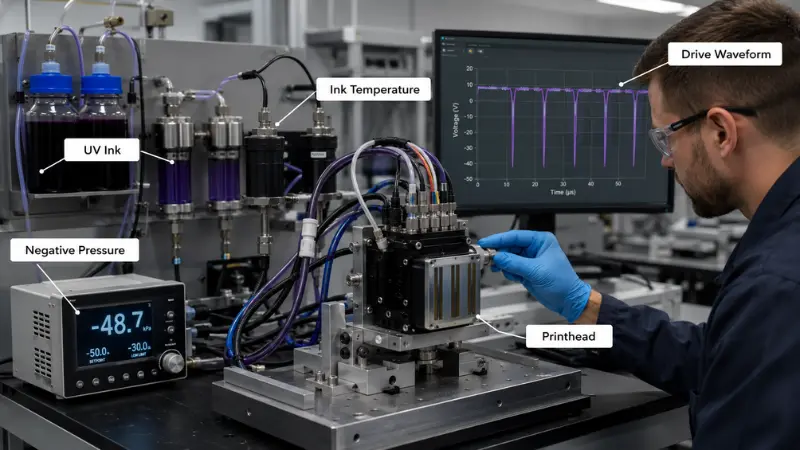 UV printhead validation using compatible ink, waveform, negative pressure, and temperature control UV printhead validation using compatible ink, waveform, negative pressure, and temperature control