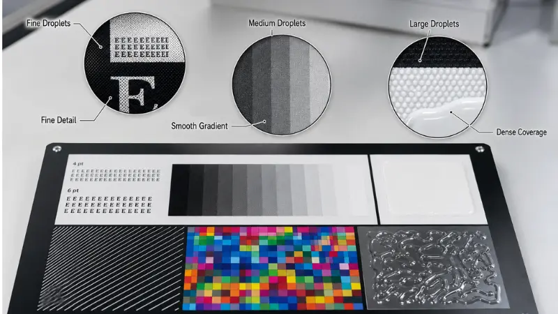 UV ink droplet size comparison for fine detail, grayscale gradients, and dense ink coverage UV ink droplet size comparison for fine detail, grayscale gradients, and dense ink coverage