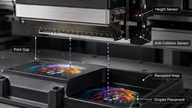 High-gap UV printing test showing printhead clearance, recessed surfaces, and anti-collision sensors High-gap UV printing test showing printhead clearance, recessed surfaces, and anti-collision sensors